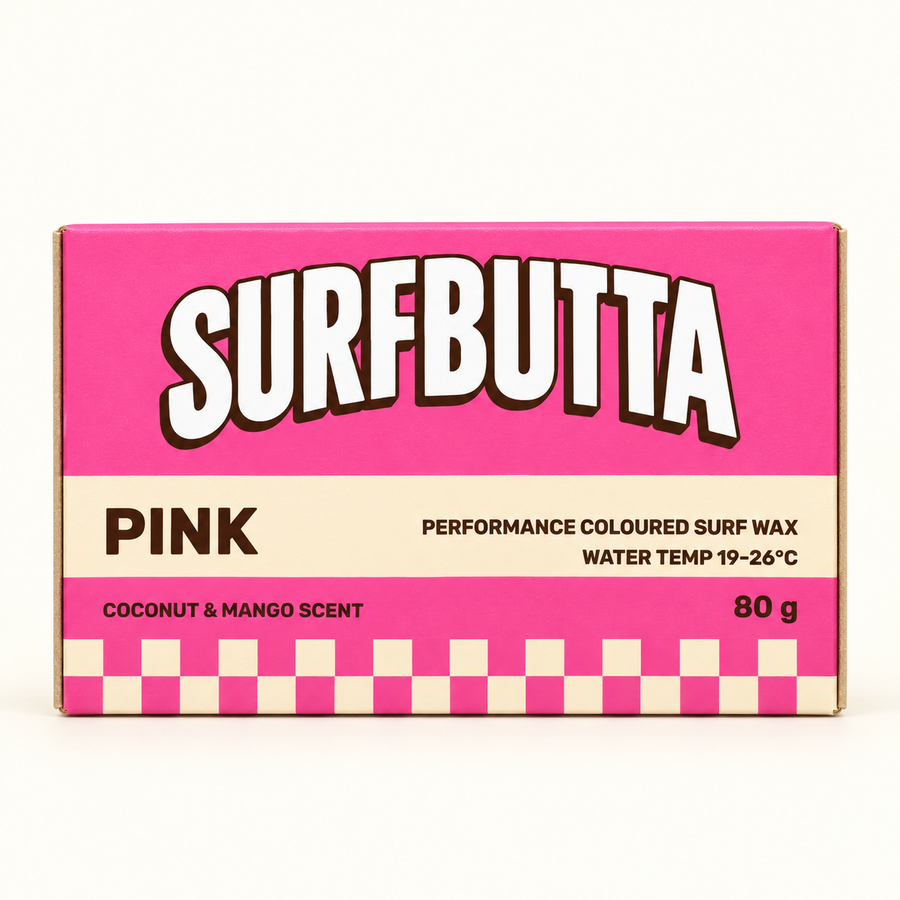 Pink coloured surf wax by Surf Butta, 80 g bar in checkered carton