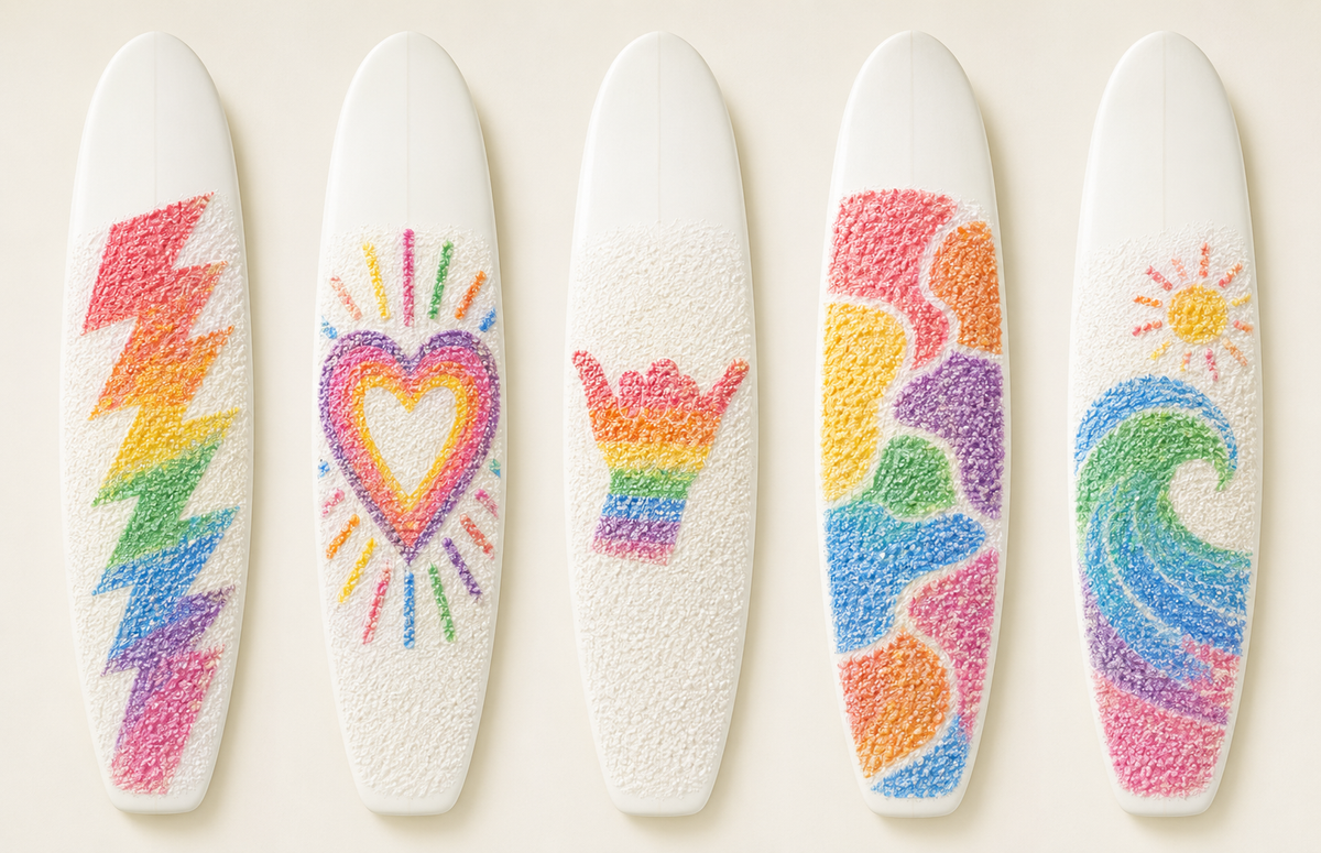 Surf Butta design concept: five surfboards with hand-rubbed wax patterns. Illustrative concept, not a customer submission.